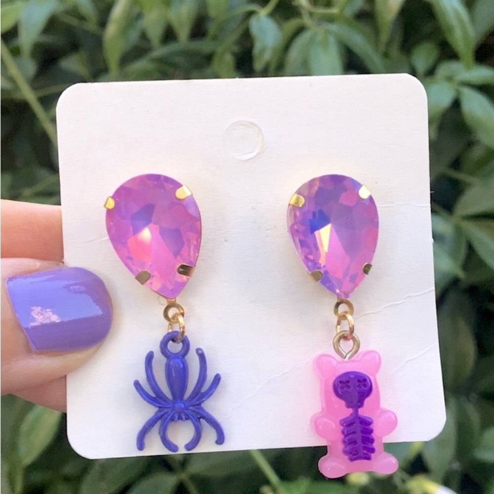 Pink-Purple Opal AB Crystal, Spider+Skeleton Gummy Bear Halloween Drop Earrings